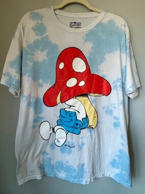 The Smurfs, Blue & Gray Tie Dye Graphic Tee, Oversized Medium